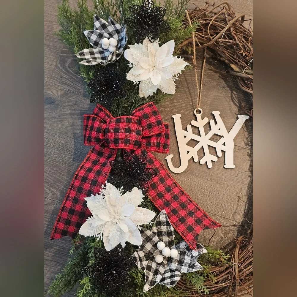 Handmade Farmhouse-style Oval Buffalo Plaid Holiday Wreath. 1 Of A Kind